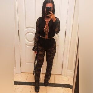 Two piece black lace set worn one